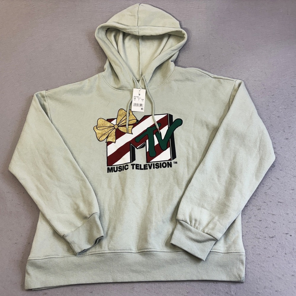MTV Hoodie Womens Medium Aqua Gray New Holiday Candy Cane Glitter Graphic Sweat